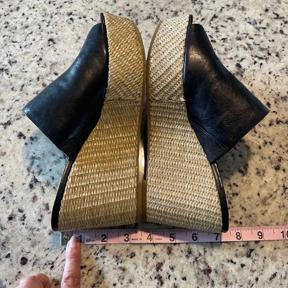 Via Spiga Wedge Sandals Women 8 Black Leather Raffia Boho Platform Peep Toe Mule